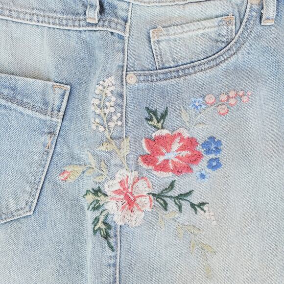 Express Floral Embroidered Denim Mini Skirt Raw Hem Blue Size 4 Cute Boho Trendy - Picture 3 of 8